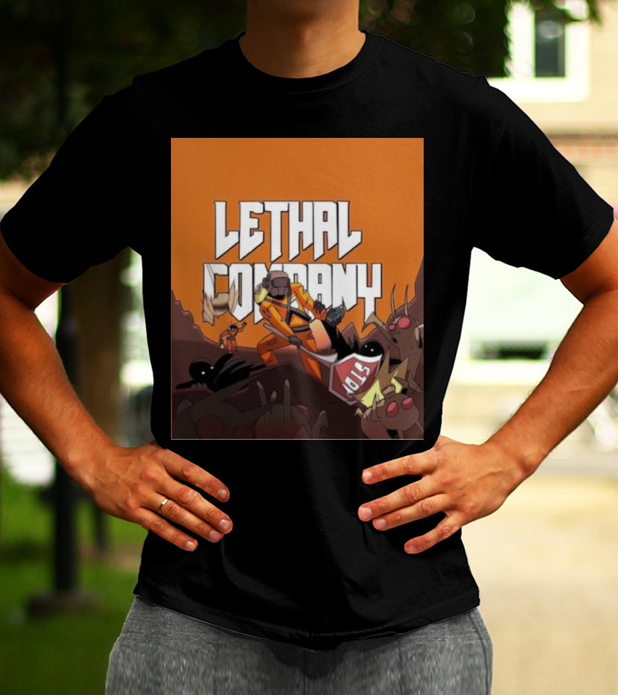 Lethal Company Stop Sign Creature Battle Scene T-Shirt