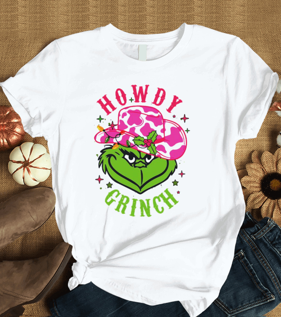 Howdy Grinch Christmas Cowboy Hat Festive Lights T-Shirt