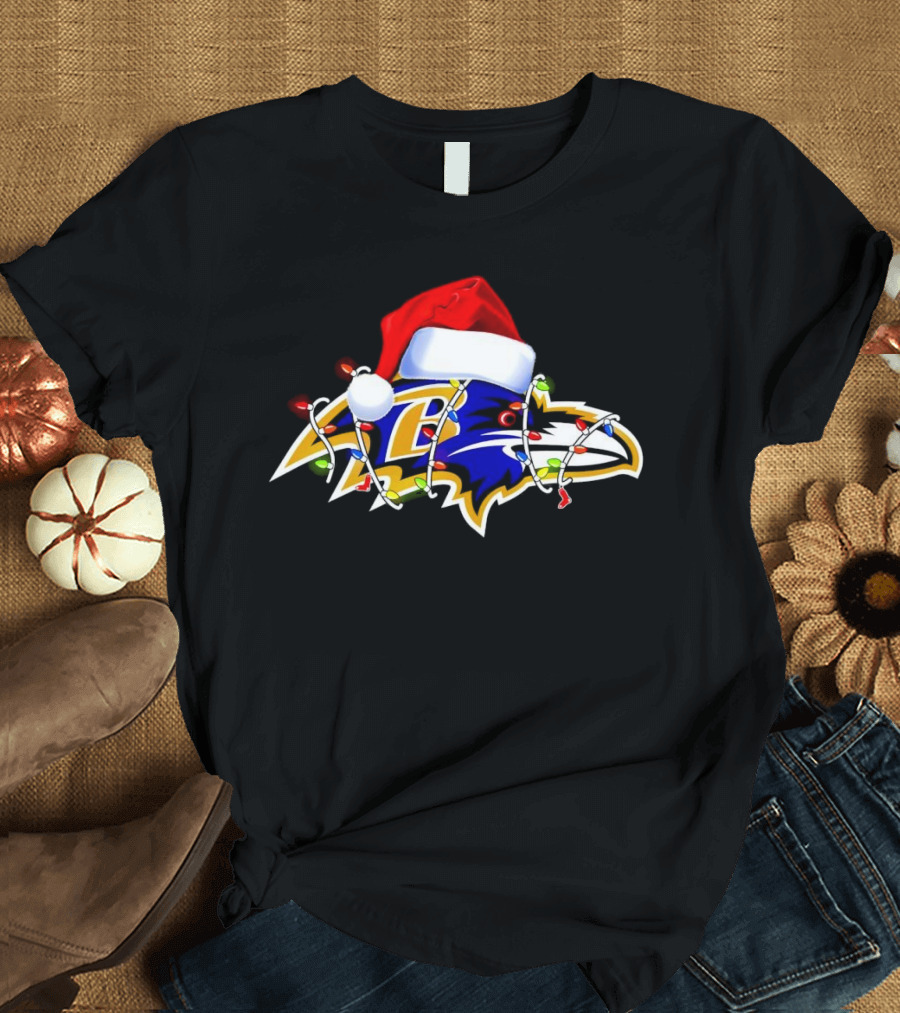 Baltimore Ravens Christmas Lights Santa Hat T-Shirt