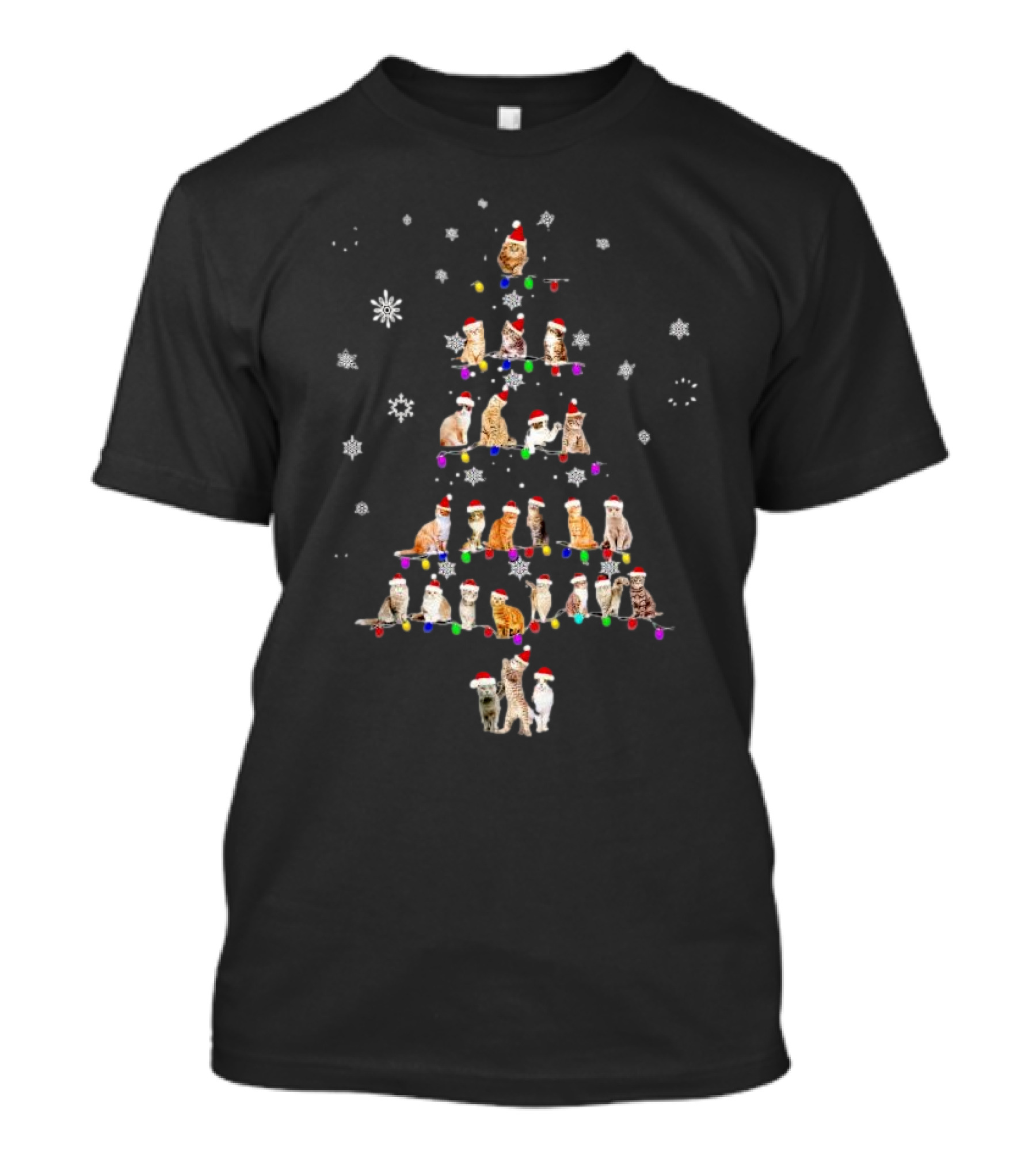 Cats With Santa Hats And Christmas Lights In Tree Shape T-Shirt