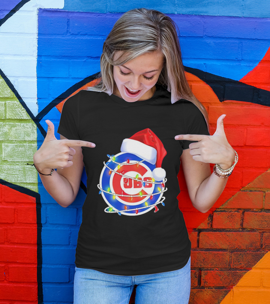 Chicago Cubs Festive Christmas Lights With Santa Hat T-Shirt