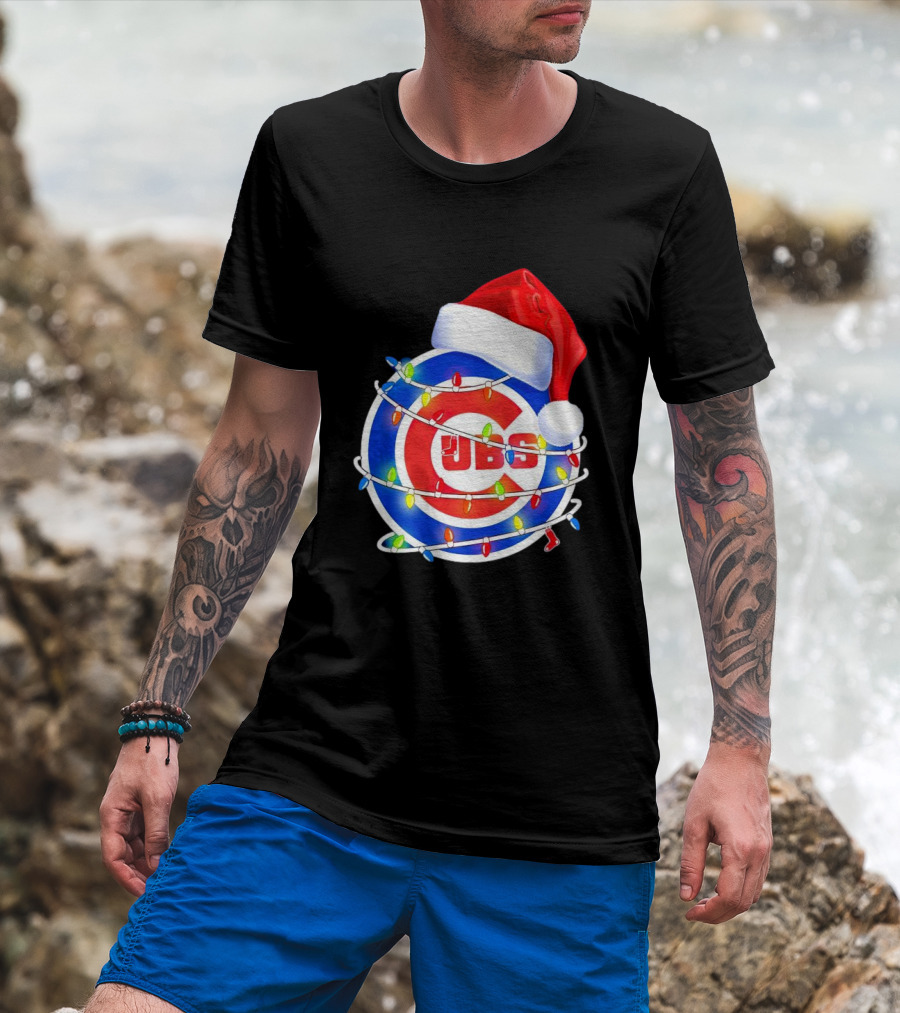 Chicago Cubs Festive Christmas Lights With Santa Hat T-Shirt