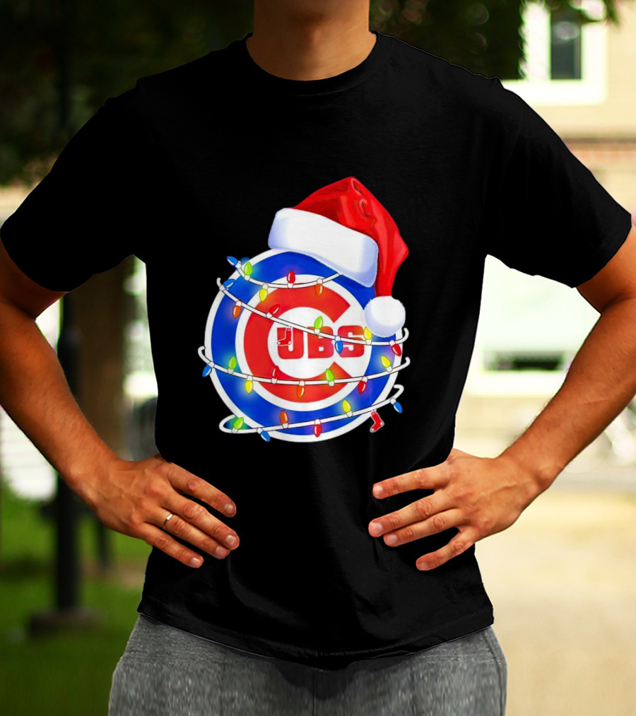 Chicago Cubs Festive Christmas Lights With Santa Hat T-Shirt