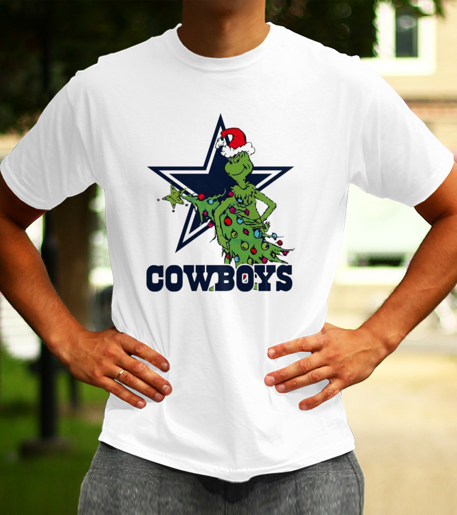 Dallas Cowboys Grinch In Santa Hat With Christmas Tree And Star T-Shirt
