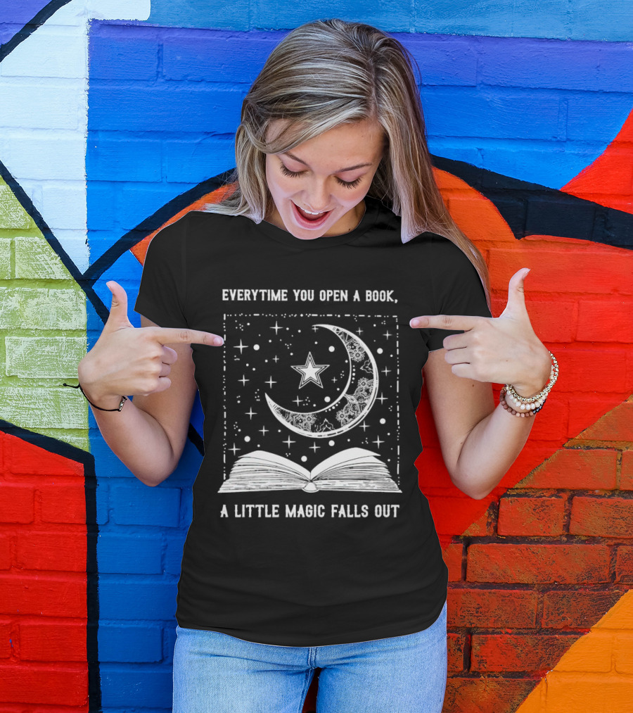 Everytime You Open A Book A Little Magic Falls Out With Starry Crescent Moon And Open Pages T-Shirt
