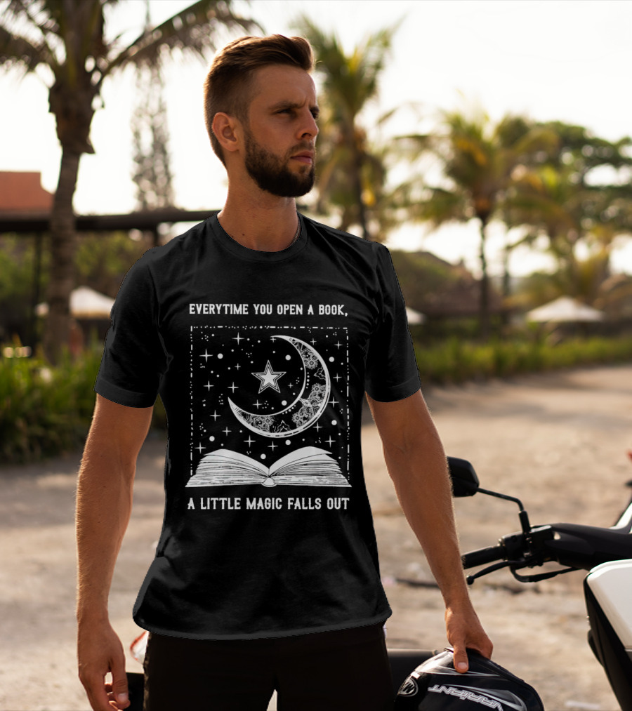 Everytime You Open A Book A Little Magic Falls Out With Starry Crescent Moon And Open Pages T-Shirt