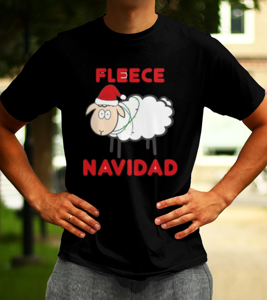 Fleece Navidad Christmas Sheep With Santa Hat And Festive Lights T-Shirt