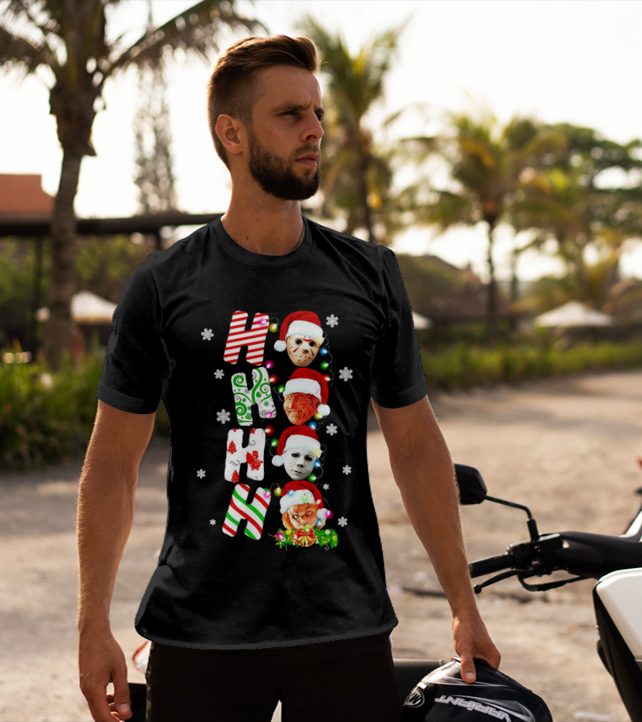 Ho Ho Ho Horror Movies Characters Christmas Snowflakes Santa Hats T-Shirt