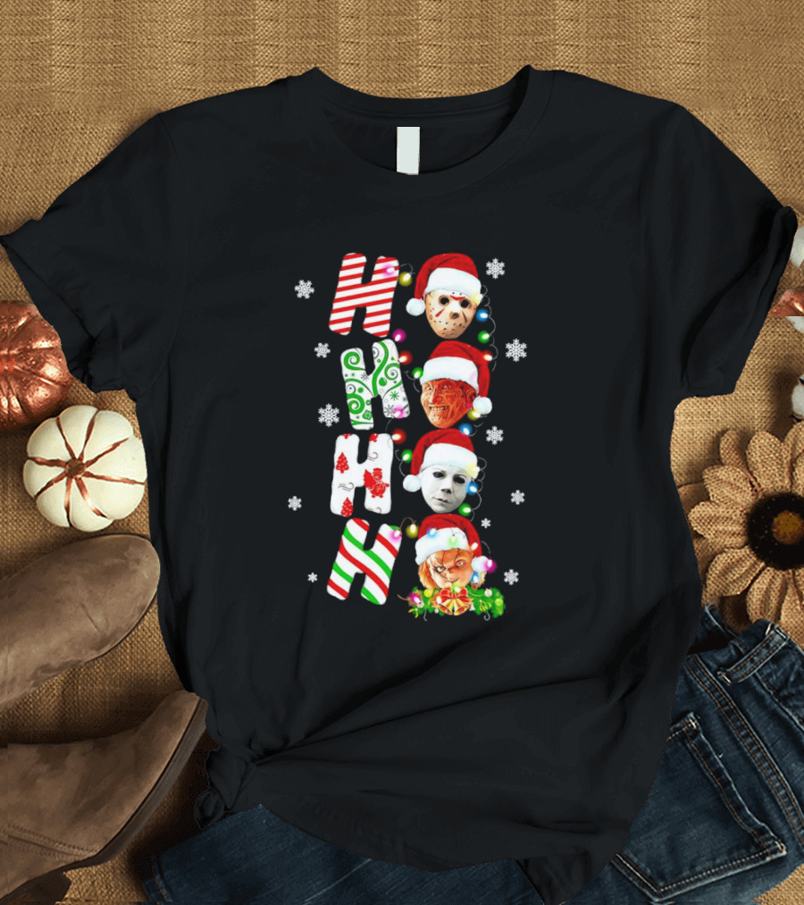 Ho Ho Ho Horror Movies Characters Christmas Snowflakes Santa Hats T-Shirt