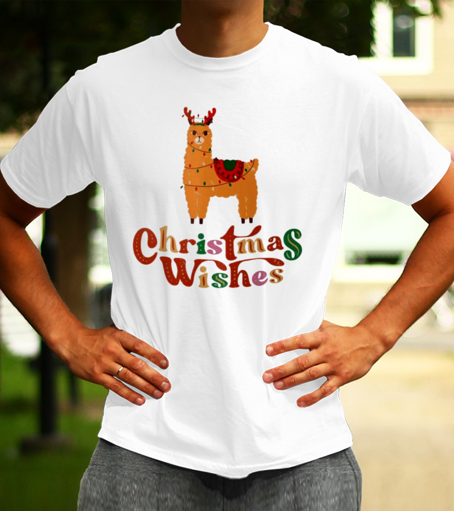 Christmas Wishes Llama Reindeer With Lights T-Shirt