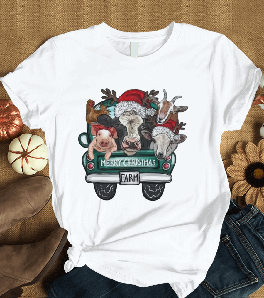 Merry Christmas Farm Animals In Holiday Truck T-Shirt