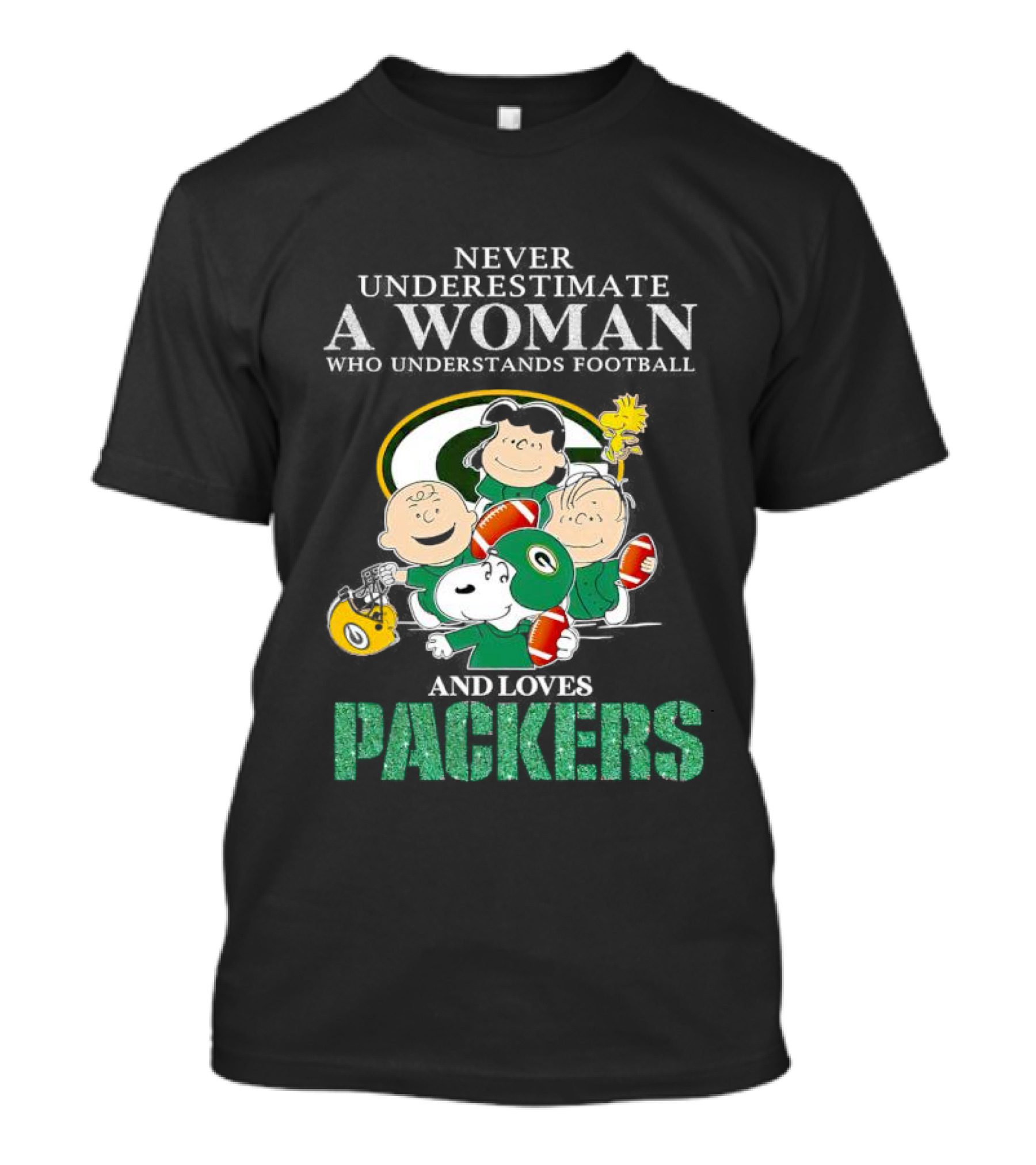 Never Underestimate A Woman Who Understands Football And Loves Packers Featuring Peanuts Characters T-Shirt
