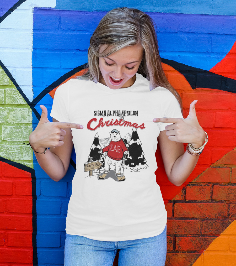 Sigma Alpha Epsilon Christmas Polar Bear At North Pole Skiing T-Shirt