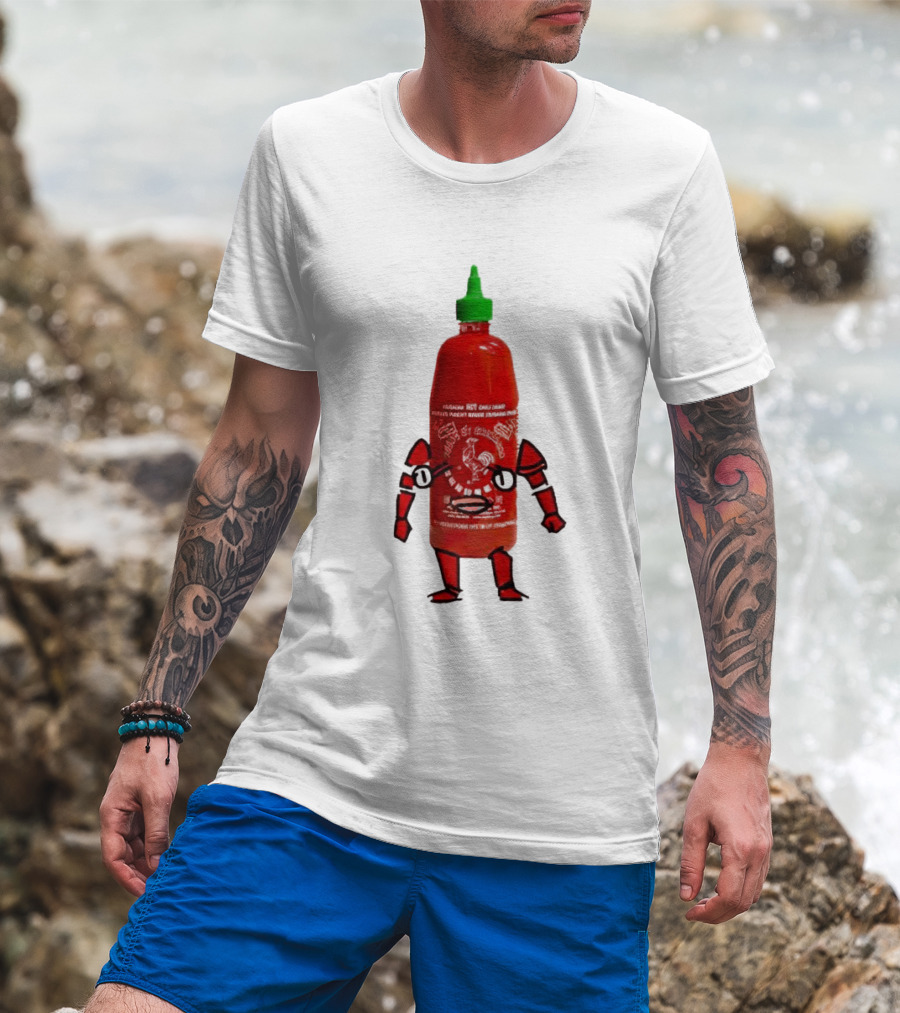 Sriracha Sauce Animated Bottle Character With Green Cap T-Shirt