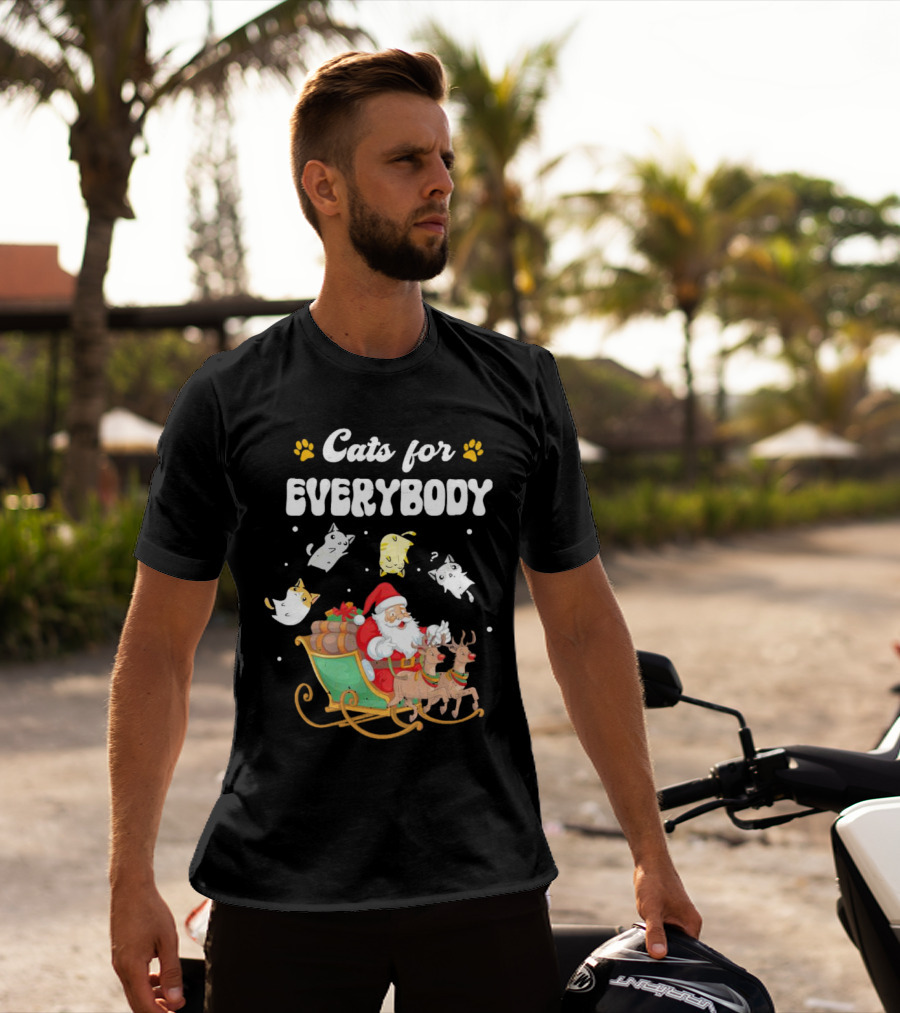 Santa With Flying Cats And Reindeer Sleigh For Everybody Christmas T-Shirt