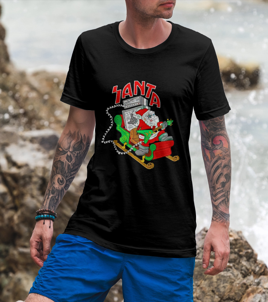 Santa Rocks Sleigh With Guitar And Amps Christmas T-Shirt