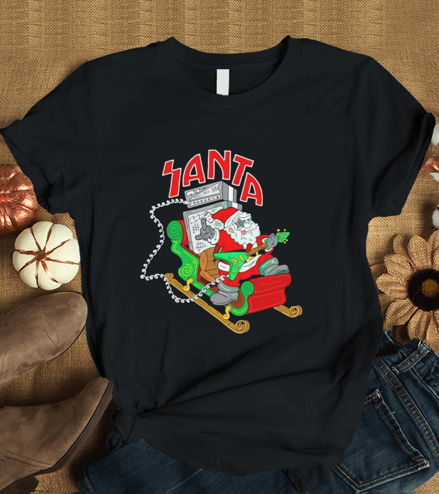 Santa Rocks Sleigh With Guitar And Amps Christmas T-Shirt