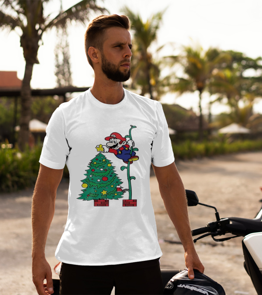 Super Mario Decorating Christmas Tree With Power-Up Star And Brick Blocks T-Shirt
