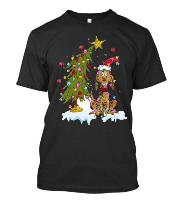 Christmas Max Dog Wrapped In Lights With Grinch Tree Scene T-Shirt