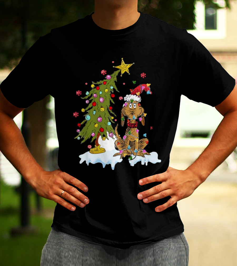Christmas Max Dog Wrapped In Lights With Grinch Tree Scene T-Shirt