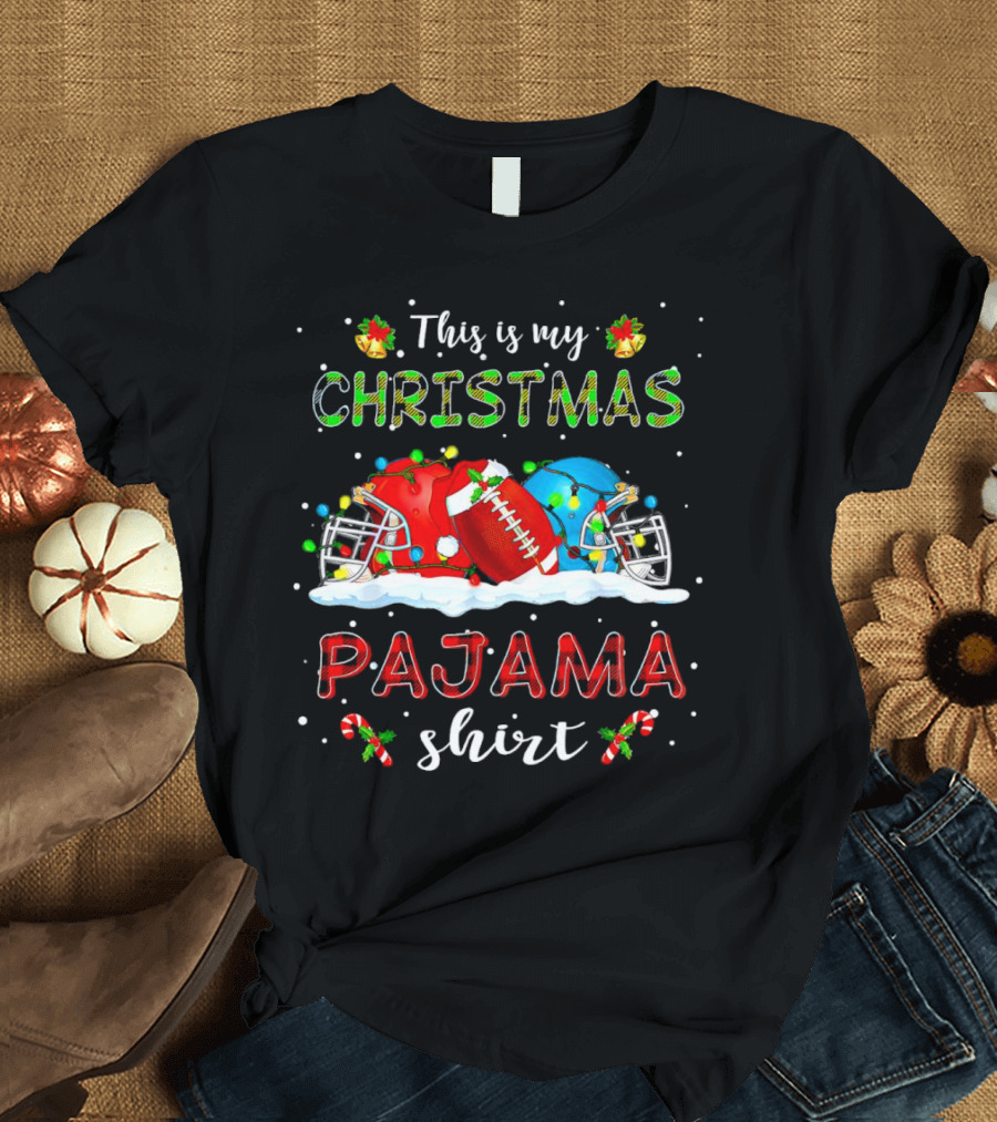 This Is My Christmas Pajama Shirt Football Helmets Candy Canes Snowflakes T-Shirt