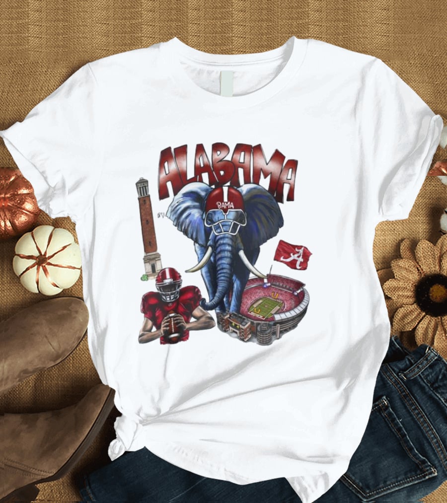 Alabama Crimson Tide Football Elephant Stadium Football Player Old Main Tower Bama T-Shirt