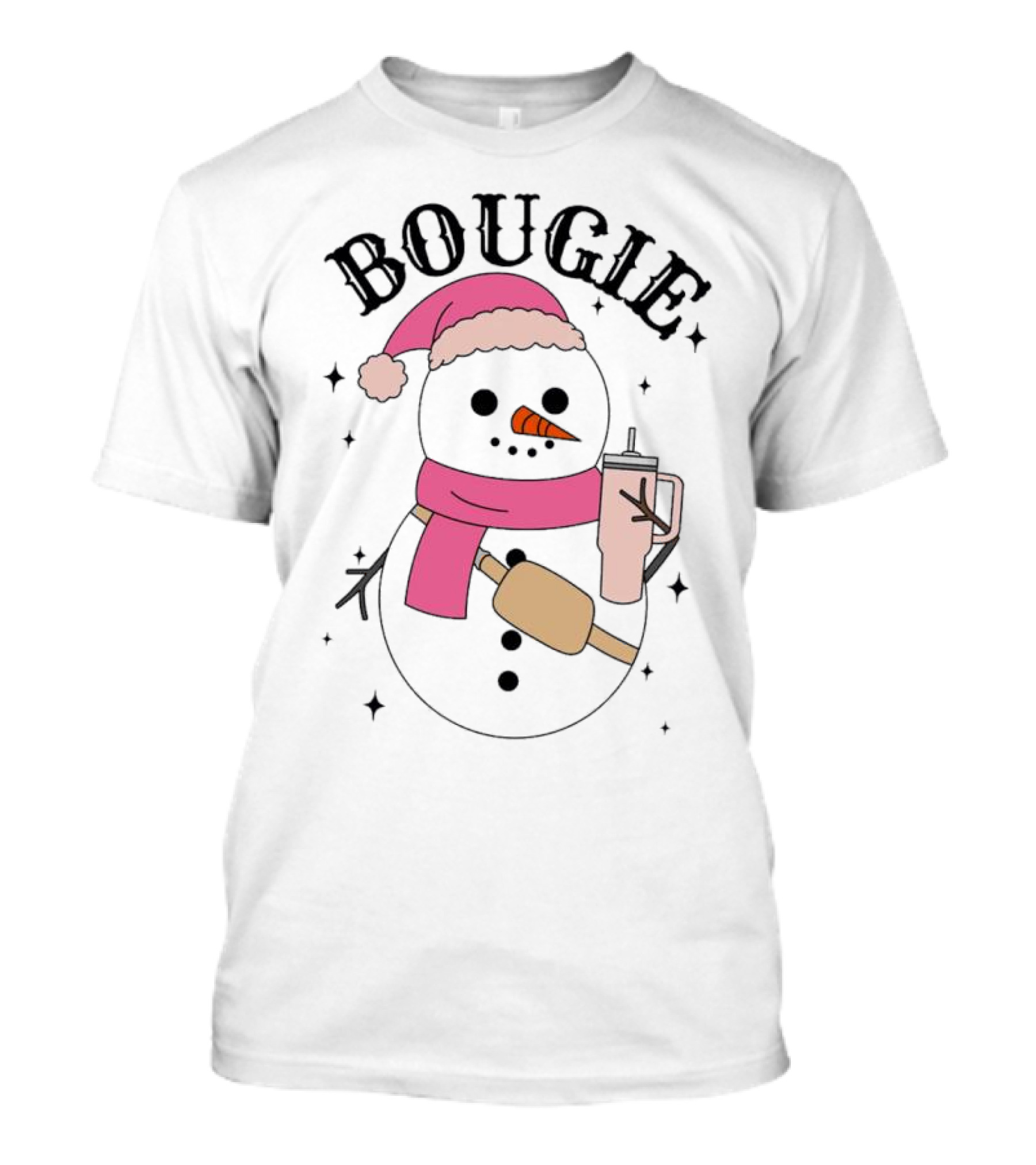 BOUGIE Snowman In Pink Hat And Scarf With Drink Cup T-Shirt