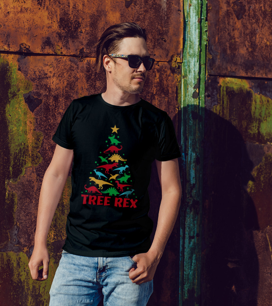 Tree Rex Dinosaur Christmas Tree With Colorful Dinosaurs T-Shirt