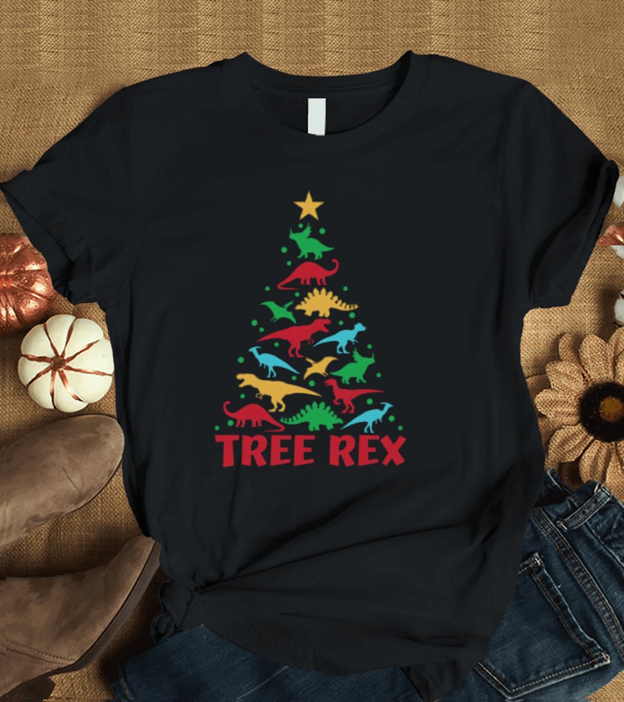 Tree Rex Dinosaur Christmas Tree With Colorful Dinosaurs T-Shirt