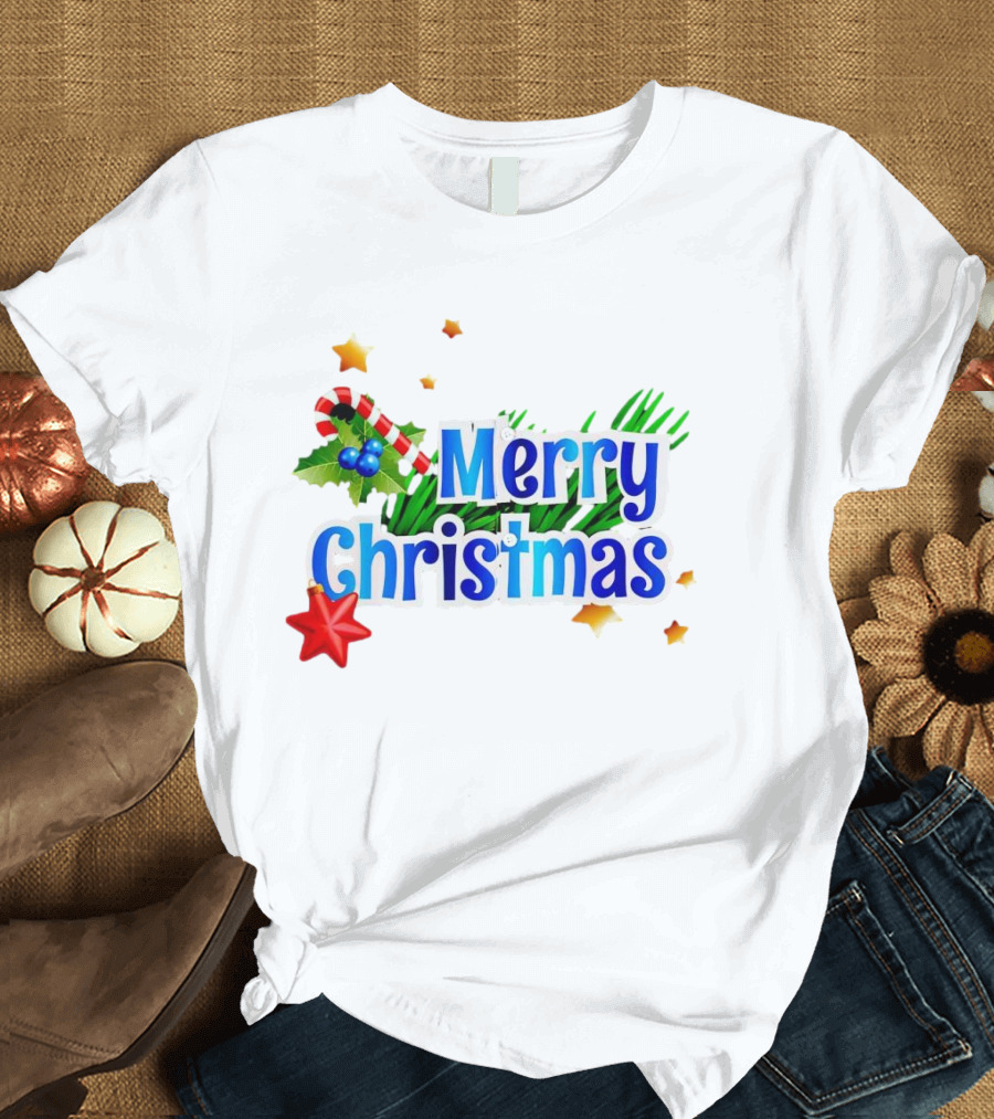 Merry Christmas Candy Cane Holly Pine Red Star T-Shirt