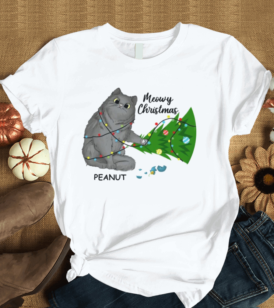 Meowy Christmas Cat Wrapped In Lights With Custom Name Peanut T-Shirt