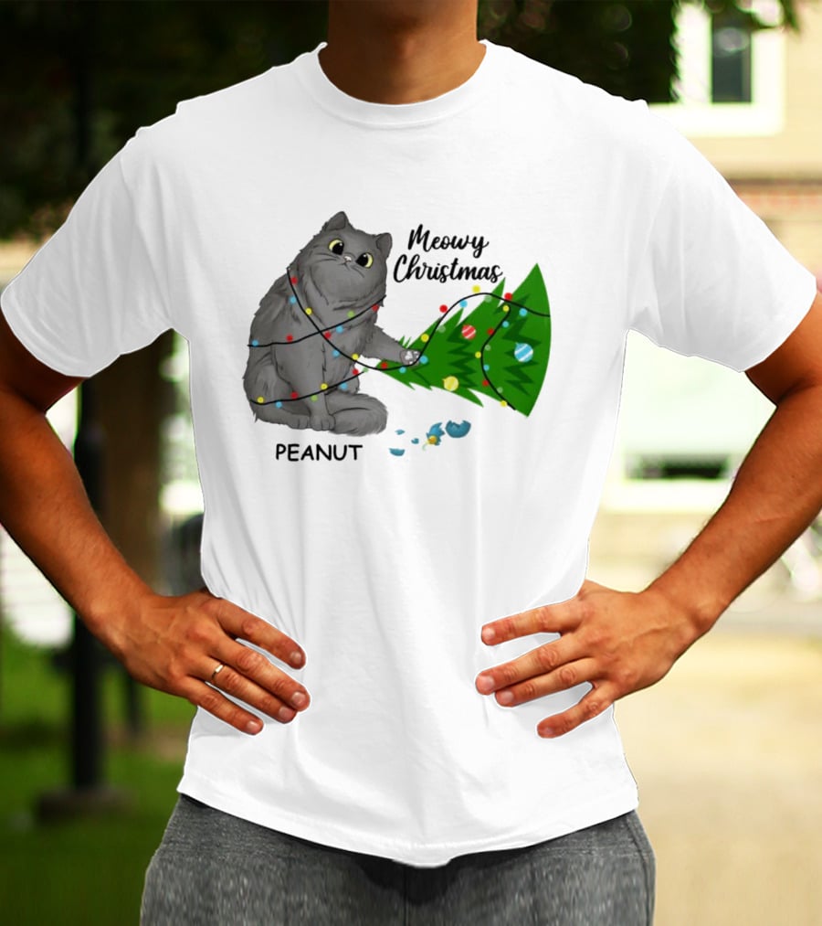 Meowy Christmas Cat Wrapped In Lights With Custom Name Peanut T-Shirt