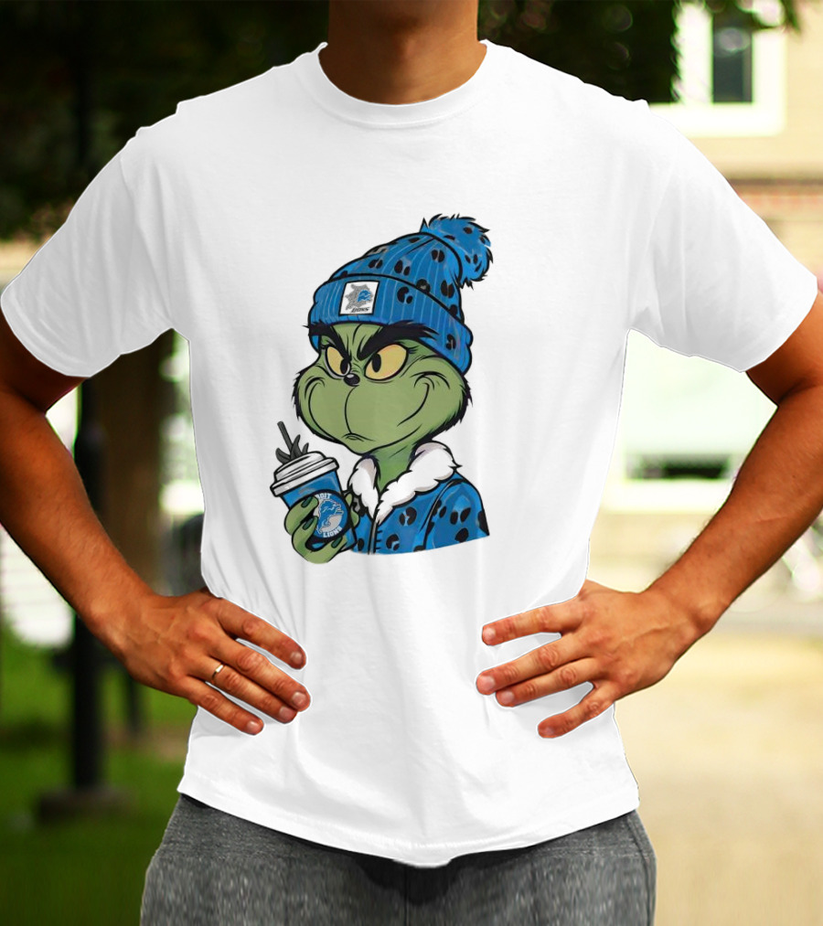 Grinch Wearing Detroit Lions Winter Outfit Holding Drink Christmas T-Shirt