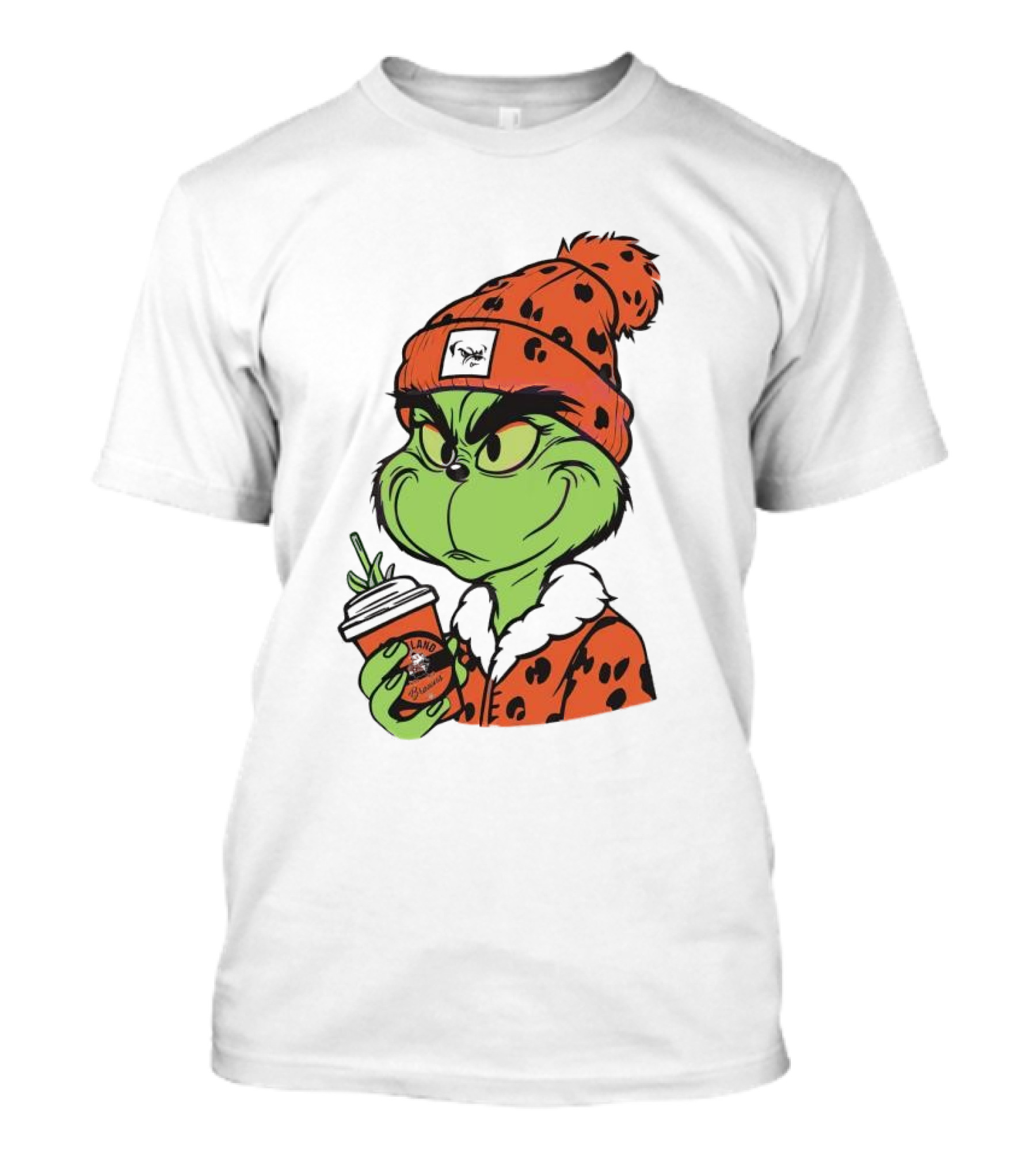 Grinch Wears Orange Beanie Holds Browns Mug Christmas T-Shirt