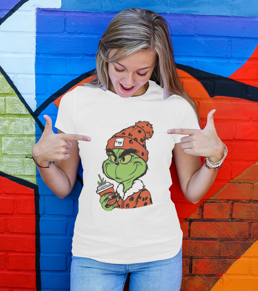 Grinch Wears Orange Beanie Holds Browns Mug Christmas T-Shirt