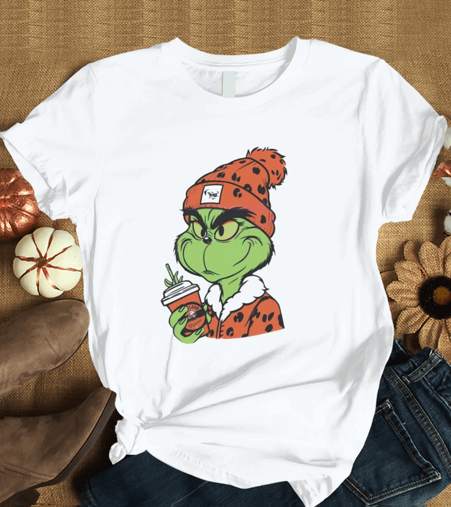 Grinch Wears Orange Beanie Holds Browns Mug Christmas T-Shirt