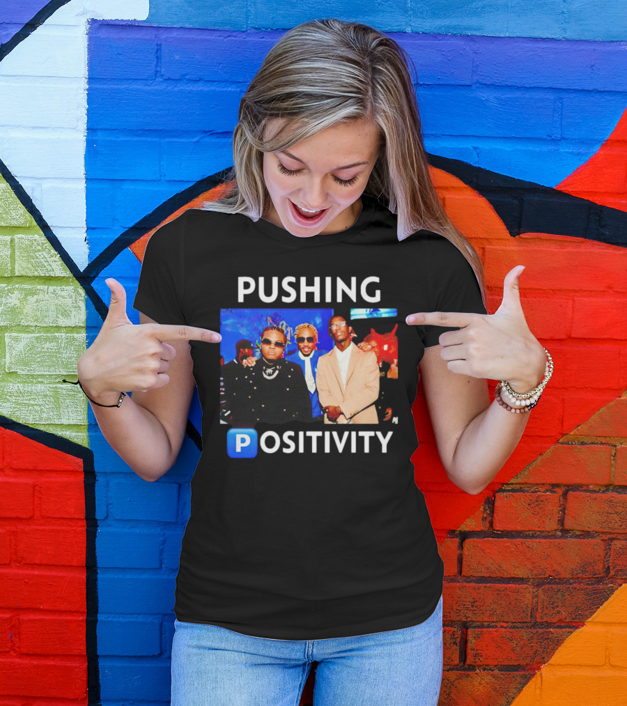Pushing Positivity Iconic Trio With Blue Background T-Shirt