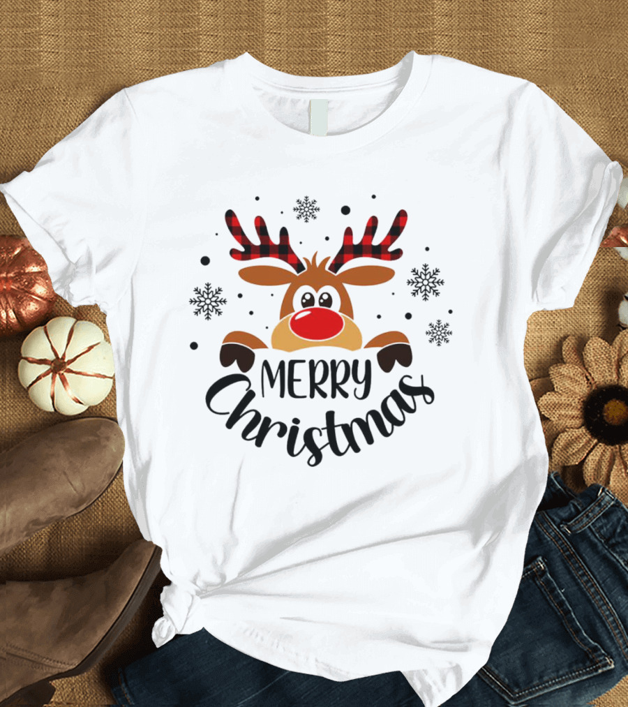Reindeer Merry Christmas Plaid Antlers Snowflake T-Shirt