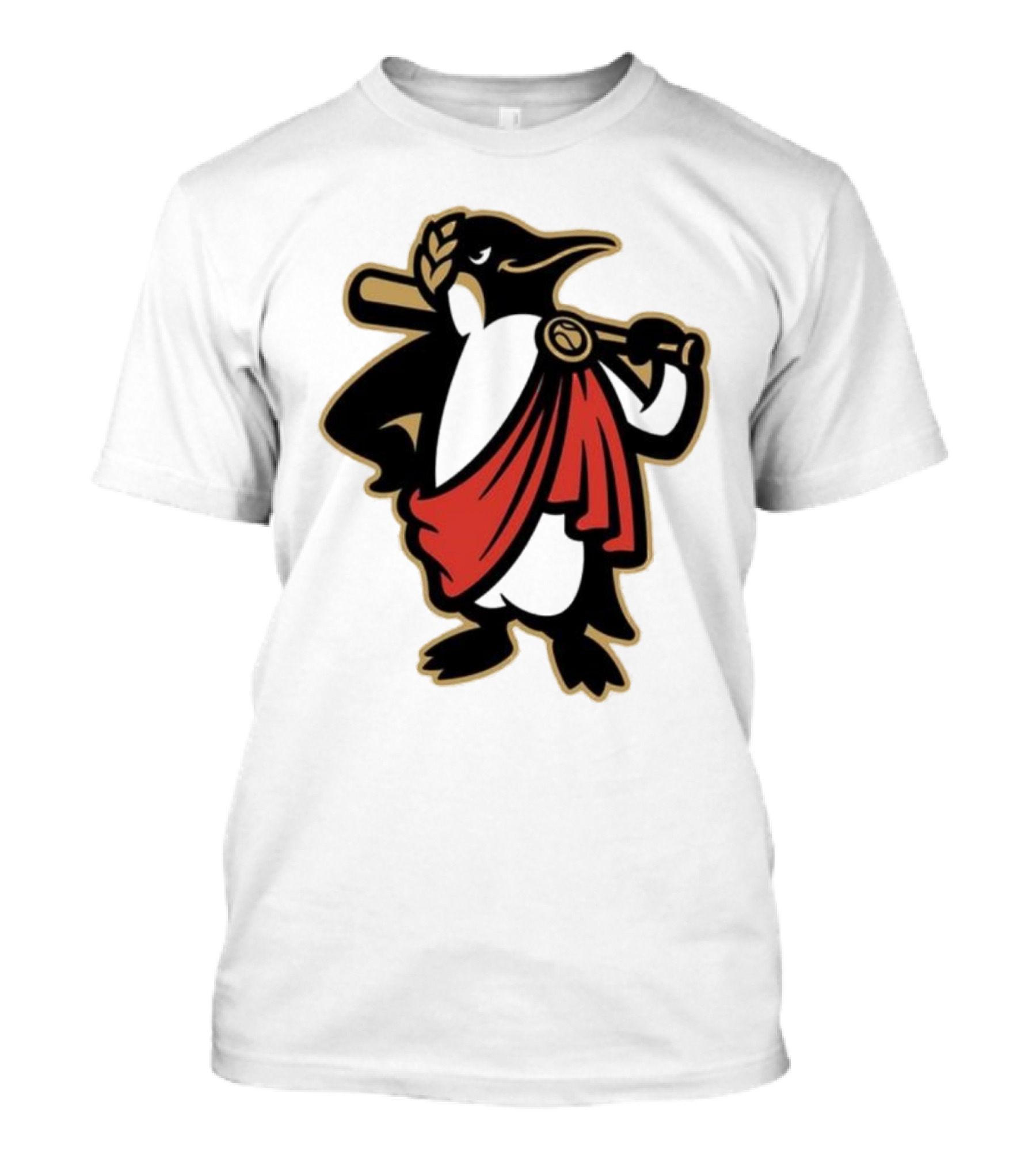 Rome Emperors Penguin In Red Toga With Baseball Bat And Laurel Wreath T-Shirt