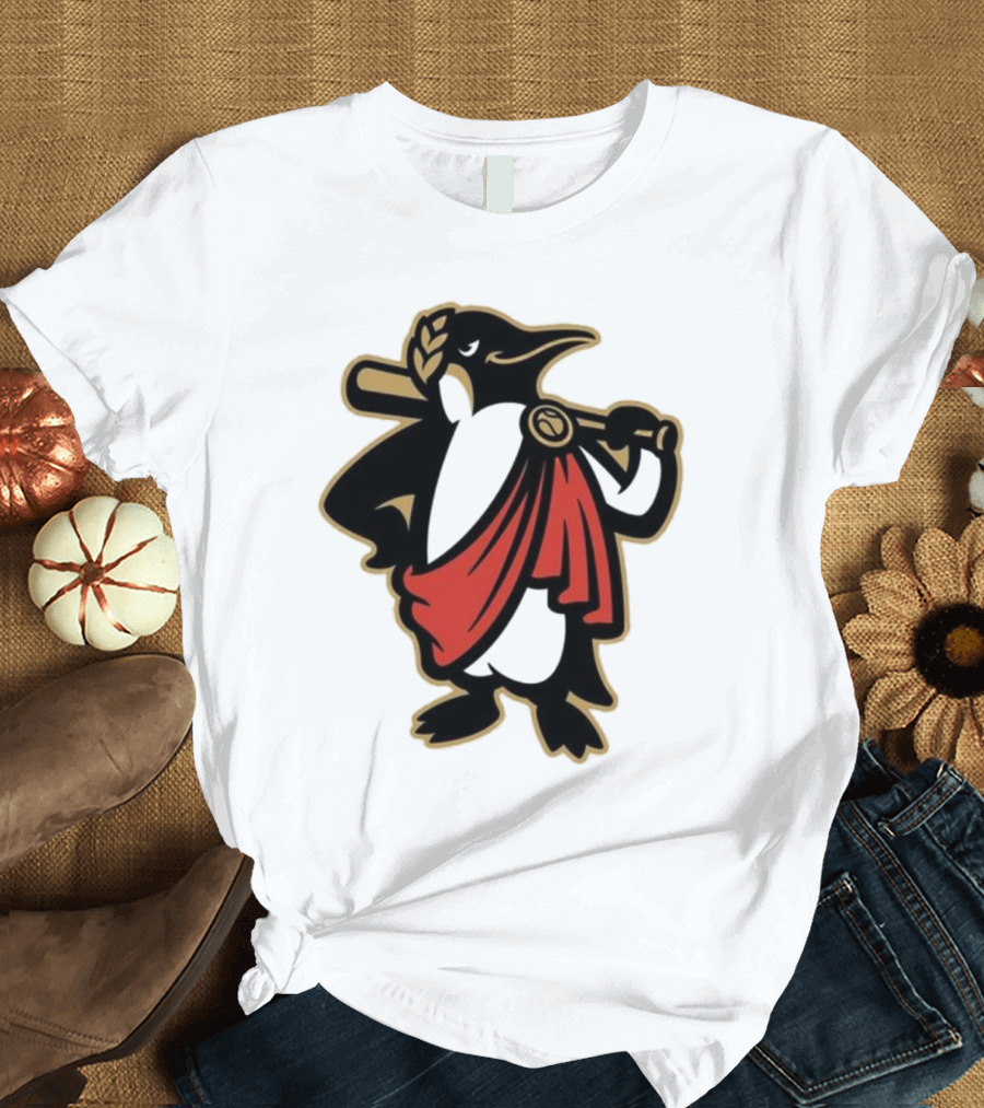 Rome Emperors Penguin In Red Toga With Baseball Bat And Laurel Wreath T-Shirt