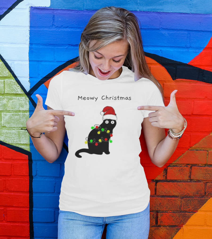 Meowy Christmas Santa Cat With Lights T-Shirt