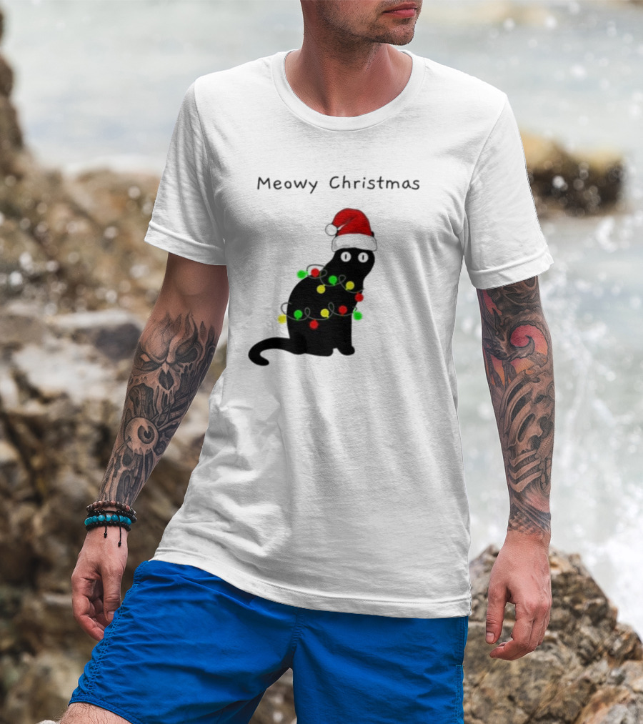Meowy Christmas Santa Cat With Lights T-Shirt