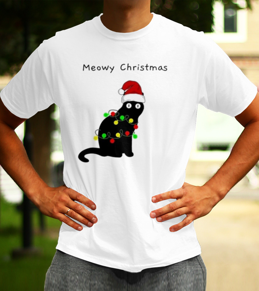 Meowy Christmas Santa Cat With Lights T-Shirt