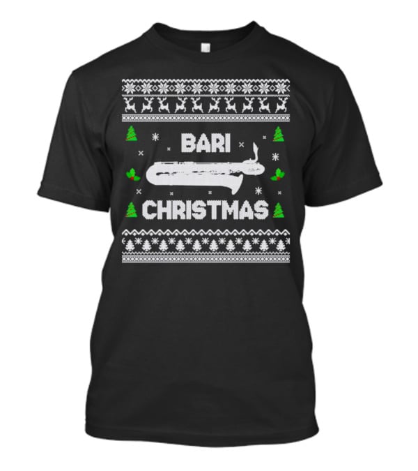 Bari Christmas Saxophone Ugly Sweater Reindeer Trees Snowflakes T-Shirt