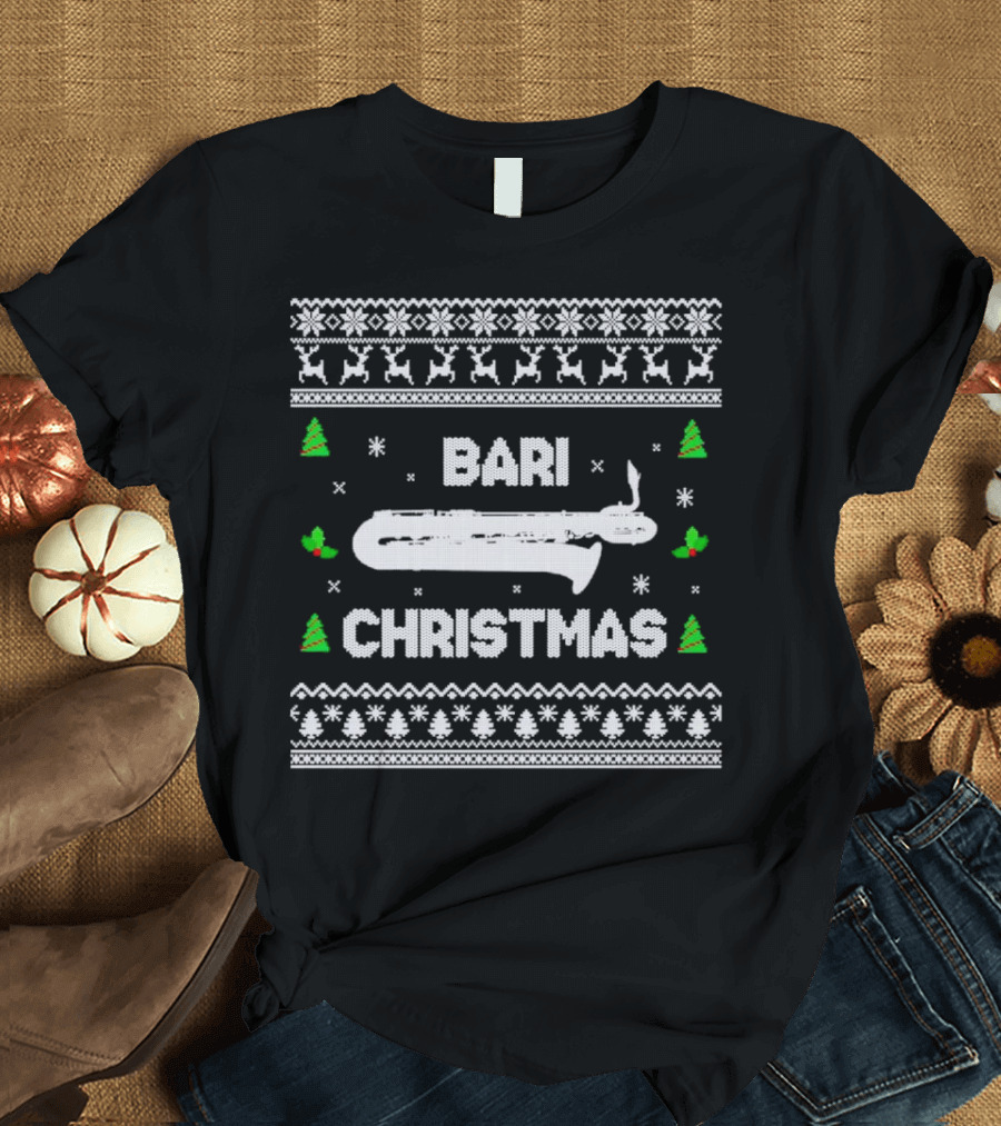 Bari Christmas Saxophone Ugly Sweater Reindeer Trees Snowflakes T-Shirt