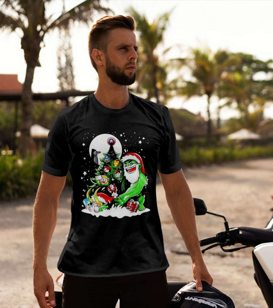 The Avengers Marvel Characters Christmas Tree With Hulk Santa And Superhero Ornaments T-Shirt