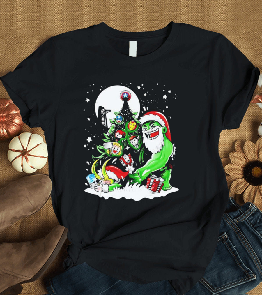 The Avengers Marvel Characters Christmas Tree With Hulk Santa And Superhero Ornaments T-Shirt