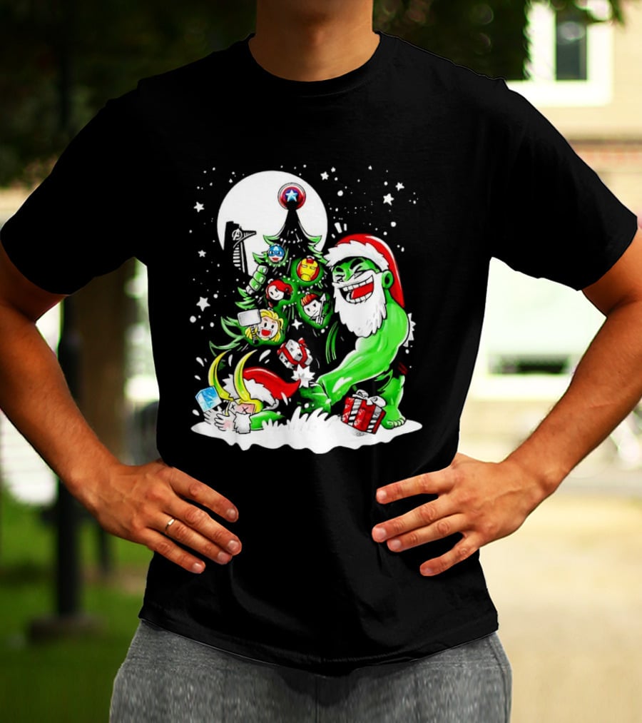 The Avengers Marvel Characters Christmas Tree With Hulk Santa And Superhero Ornaments T-Shirt