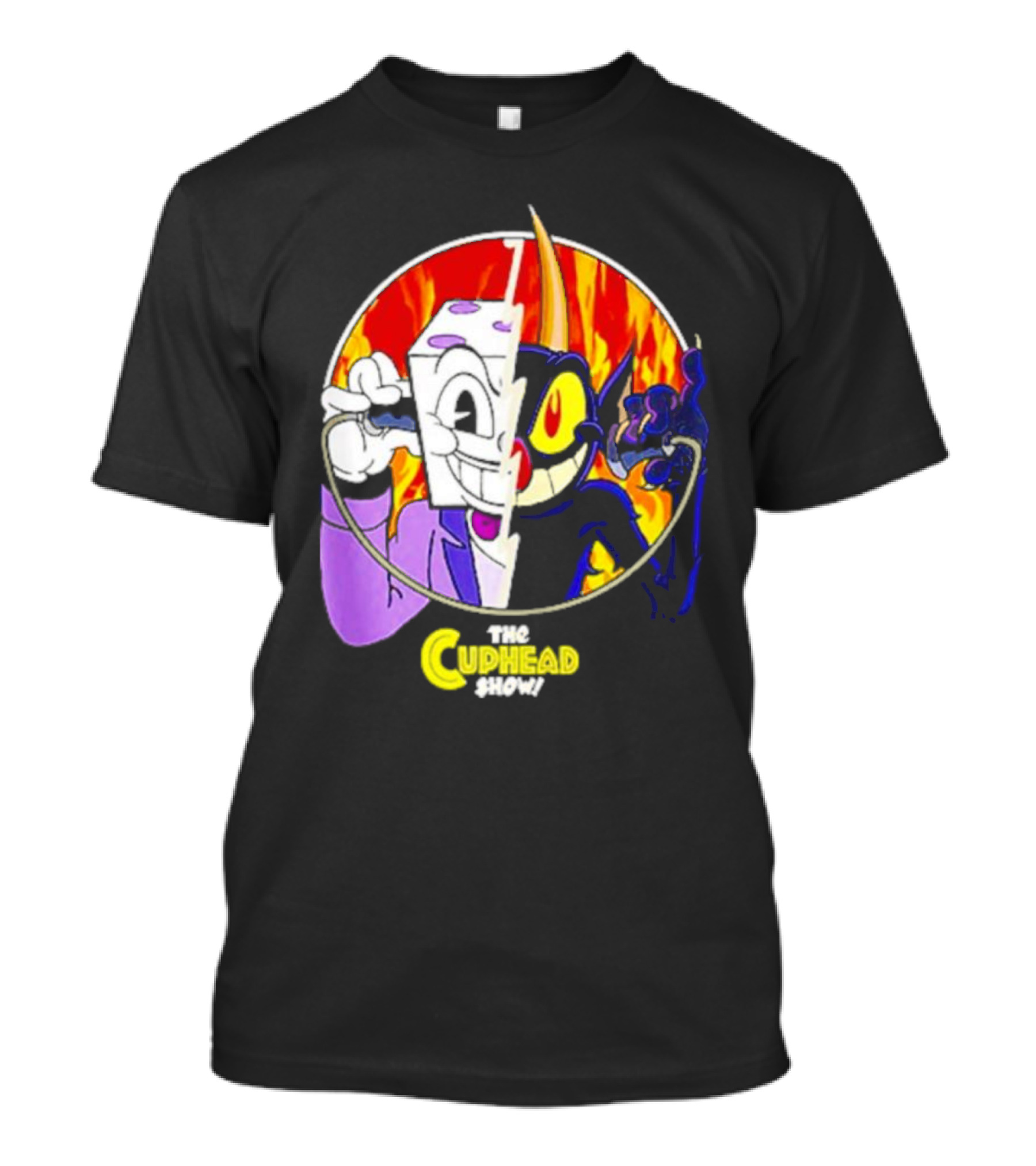 The Cuphead Show King Dice Devil Iconic Faces Fiery Background T-Shirt