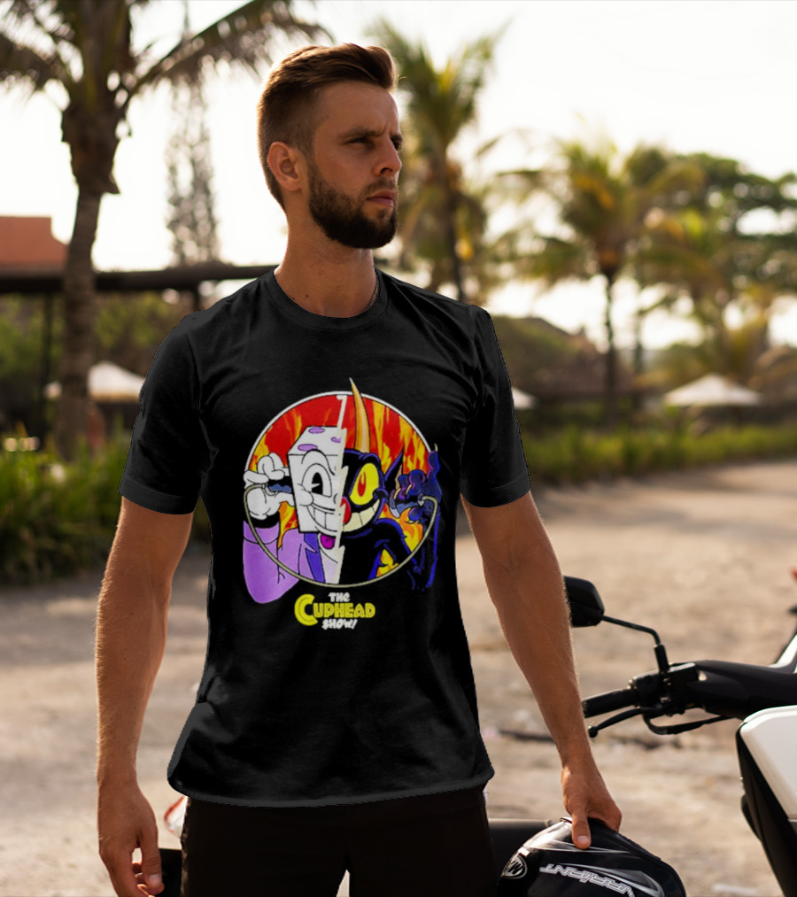 The Cuphead Show King Dice Devil Iconic Faces Fiery Background T-Shirt
